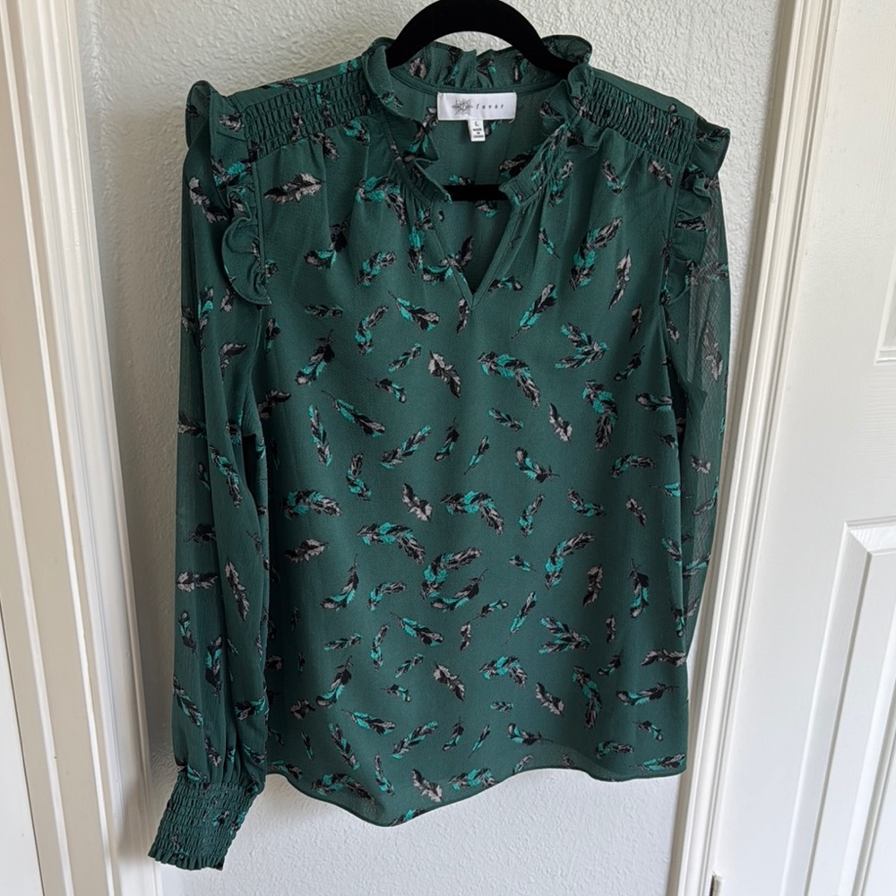 Fever Teal Feather Print Blouse